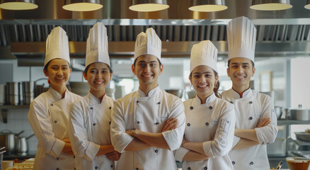 close up portrait of group young smiling professional chefs in white uniforms standing at the kitchen
