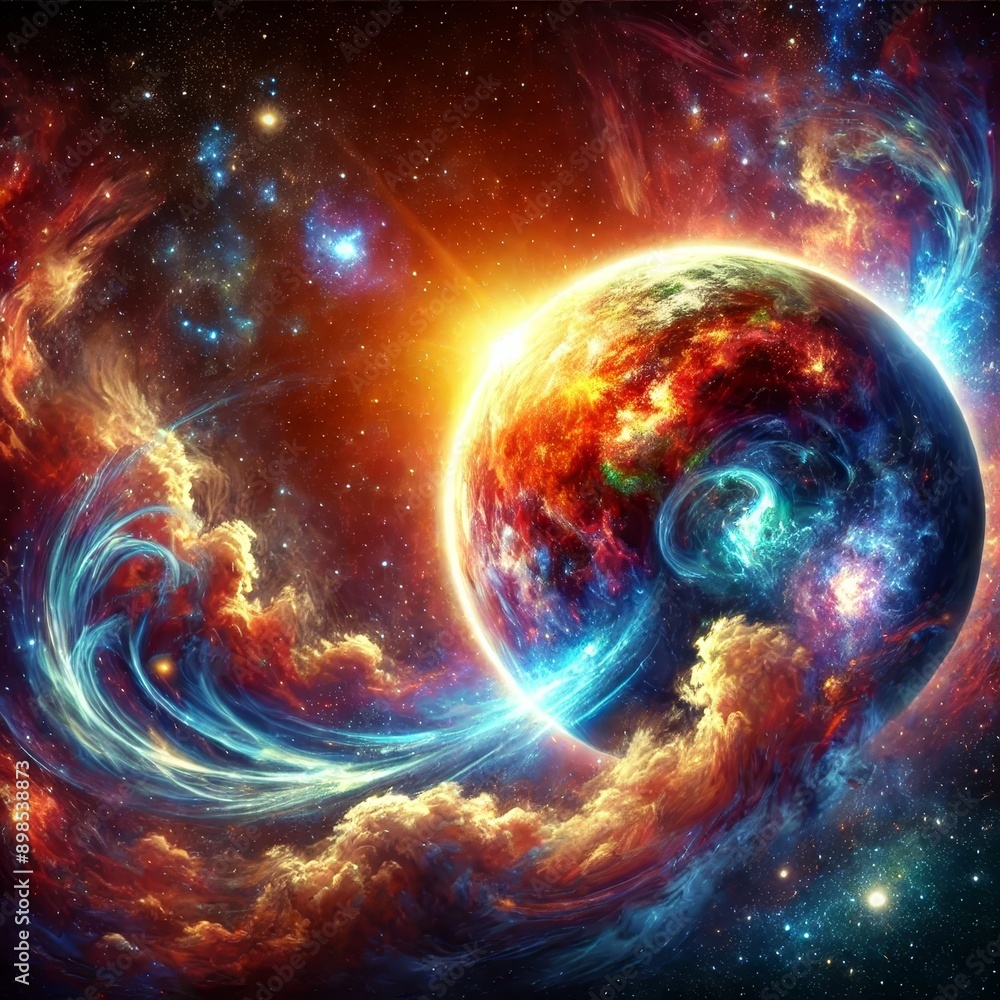 Poster stunning 3d animation of a colorful planet with swirling nebulae and bright stars in deep space