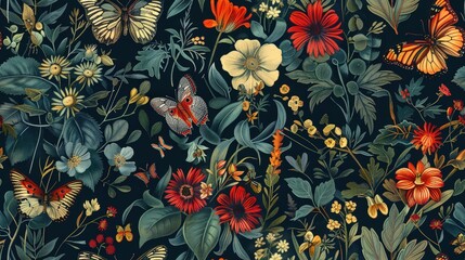 A repeating pattern featuring colorful flowers and butterflies on a dark blue background
