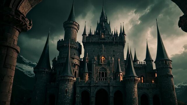 Video footage of grand castle set against a dark, cloudy sky. The castle features multiple spires and towers with intricate architectural details, creating an imposing and somewhat gothic appearance