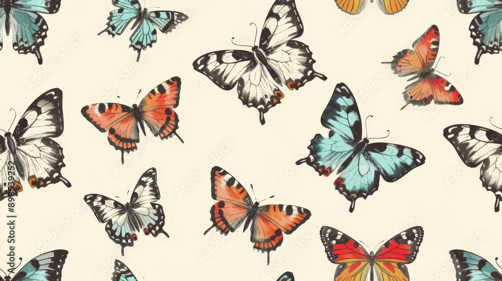 Aufkleber a seamless pattern of colorful butterflies in various poses on a light cream background