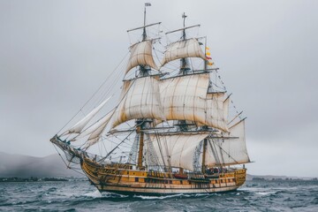 Old ghost ship sailing in a stormy sea.