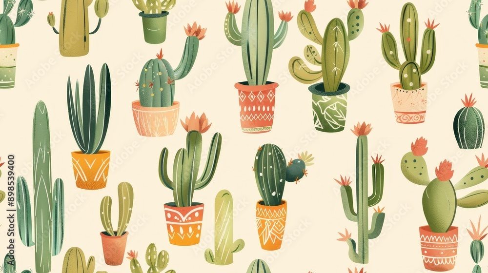 Poster a cheerful, hand-drawn pattern of various potted cacti in a repeating pattern on a light beige backg