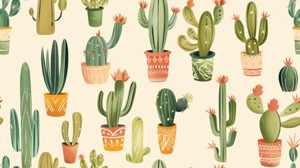 A cheerful, hand-drawn pattern of various potted cacti in a repeating pattern on a light beige background