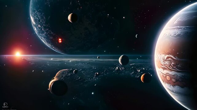 Video footage of space scene with various celestial bodies. There are multiple planets of varying sizes and colors, some with visible craters, and a bright light source that appears to be a star