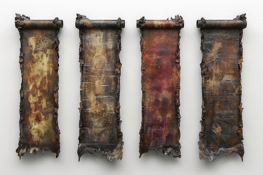 Old paper or parchment scrolls set isolated on white