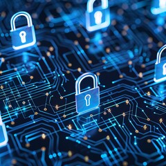 Digital lock and network protection icons on a screen 