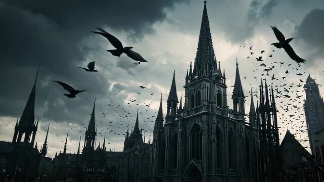 Video footage of gothic cathedral under a cloudy sky with birds flying around its spires