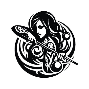recommend clip art: Billiards, Snooker  female player in ethnic tribal pattern illustration, emblem shield badge