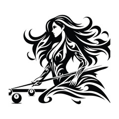 Billiards, Snooker  female player in ethnic tribal pattern illustration, emblem shield badge
