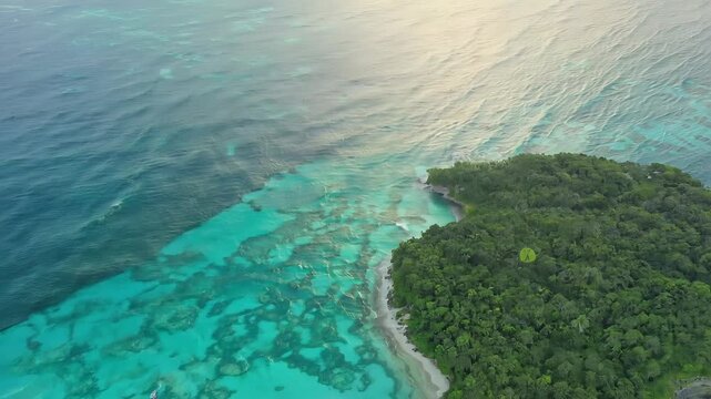 View from the dran, flight over tropical islands with green jungles and white beaches and clear blue waters.
Concept: exotic vacation and ecotourism