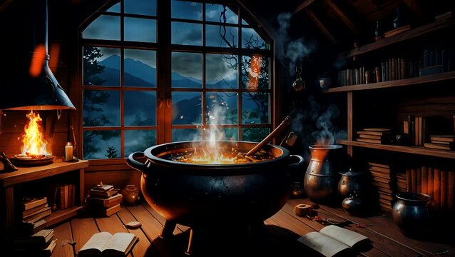 A cauldron with fire and smoke inside in a dark, rustic room.