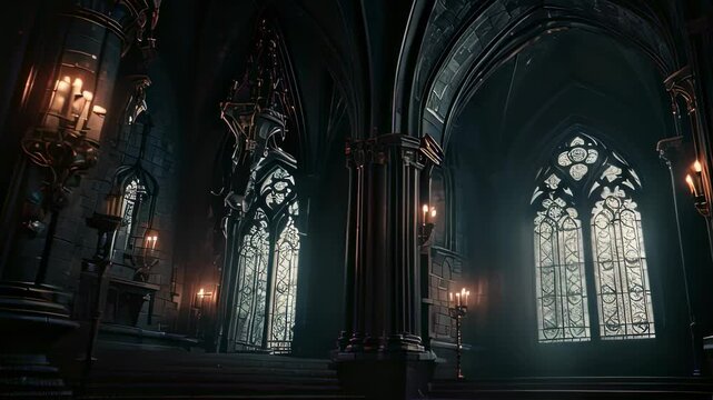 Video footage of  interior view of a Gothic cathedral. The architecture features pointed arches, ribbed vaults, and ornate stained glass windows