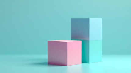 Obraz premium Minimalist pastel pink and blue cubes forming a podium on turquoise background