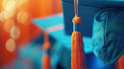 closeup, black graduated hat and golden yellow tassels and blurred background. AI generated illustration