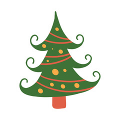 Flat christmas tree, cute christmas tree. Cute elements in Memphis boho style. Vector Hand drawing in Scandinavian style.