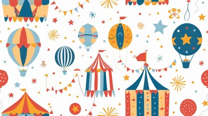 A whimsical pattern featuring colorful circus tents, balloons, and stars on a white background