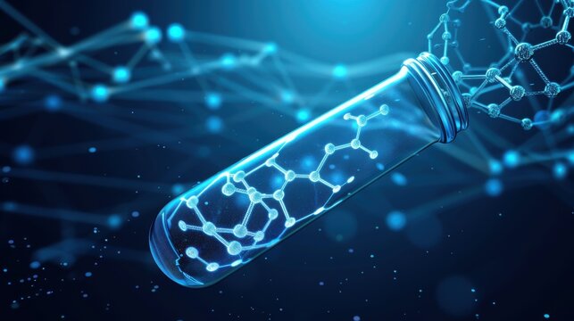 Test tube with 3D molecular diagrams, dynamic science analysis