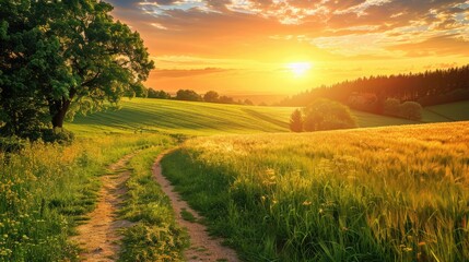 Fototapeta premium Serene field with trees and a winding dirt path during a golden sunset.