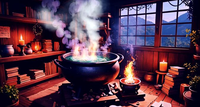 A cauldron bubbling over a fire with smoke rising in a dark room with a bookshelf.