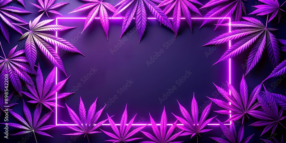 Sticker neon frame purple cannabis leaves bright cannabis weed creative ai