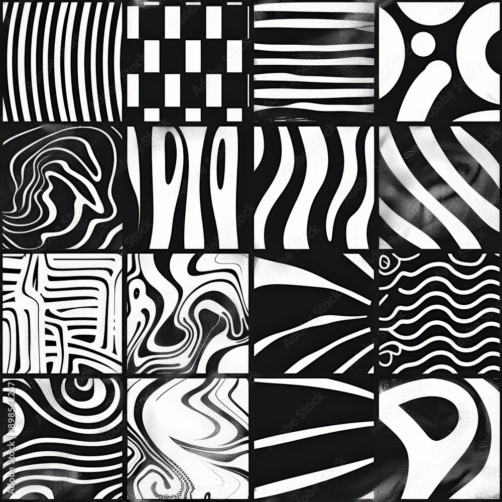 Aufkleber A digital artwork featuring a grid of 16 abstract patterns in black and white. The patterns are geometric and organic, creating a visually interesting and dynamic composition