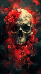 A skull with a red flower on it