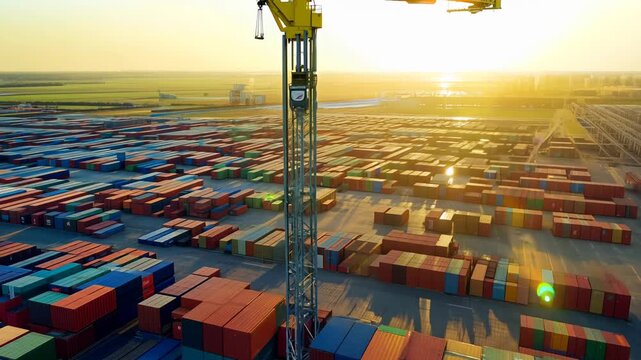 Container terminal with many colorful cargo containers lined up in rows on the port grounds, with cranes in the background.
Concept: logistics and transportation, freight transportation, international