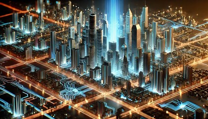 Futuristic city resembling a circuit board