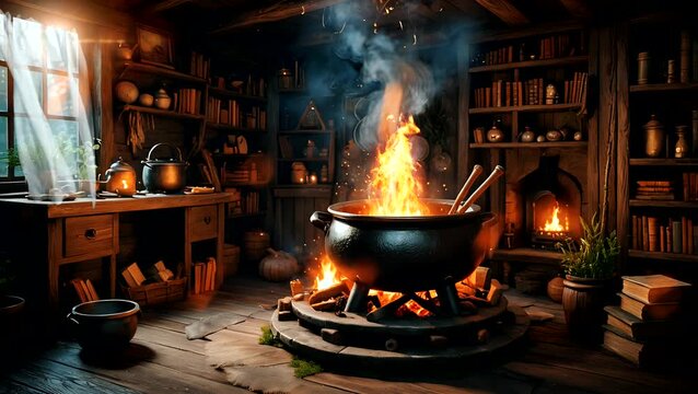 A cauldron sits on a fire in a rustic, wooden room, with bookshelves filled with potions and scrolls.