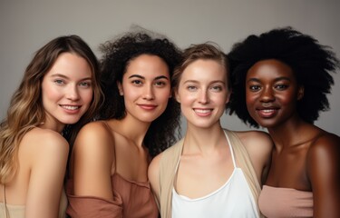 portrait of four pretty young women, people diversity concept 
