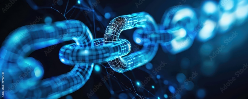 Poster a close-up image of a digital, glowing blue blockchain on a dark background, symbolizing technology,
