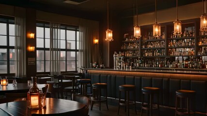 Video footage of  interior of a bar or pub. A long counter with shelves of various alcohol bottles lines the wall. Hanging lights create a warm ambiance