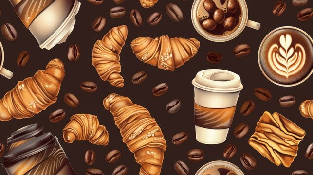 A close-up, flat lay of coffee cups, croissants, and coffee beans arranged in a repeating pattern on a brown background