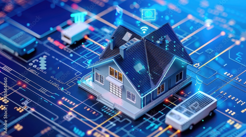 Poster a smart home with digital connectivity displayed in a futuristic technology concept. iot devices and