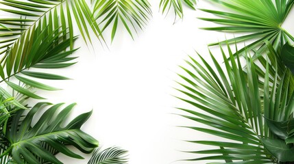 Obraz premium Tropical palm leaves arranged on a white background, offering copy space.