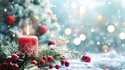 Red Christmas Candle with Pine Branches and Bokeh Lights in Snowy Setting
