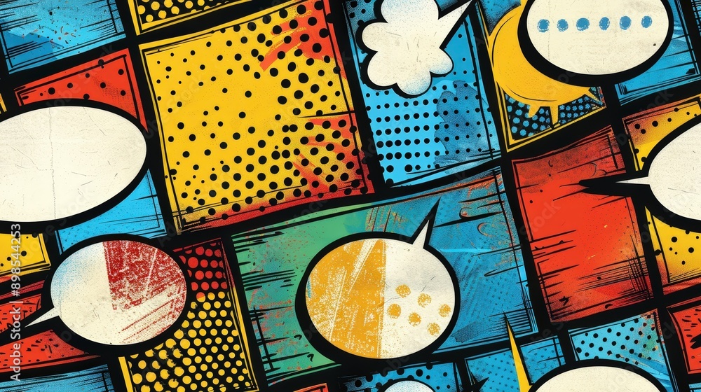 Poster a close-up of a colorful, patterned comic book background with several empty speech bubbles