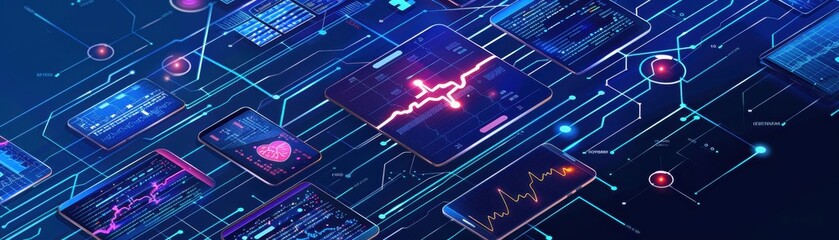 Abstract digital network interface with glowing circuit design, representing data flow and cybersecurity in futuristic technology.