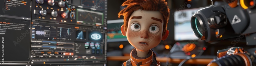 Poster animated character in a control room with high-tech screens and equipment showcasing a futuristic sc