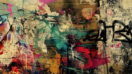 Naklejka premium Abstract urban graffiti art on a wall with vibrant colors and complex layering of paint and textures, representing street culture and creativity.