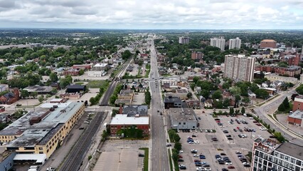Obraz premium Aerial view of a suburban neighborhood in Waterloo city on a cloudy daytime in, Ontario, Canada