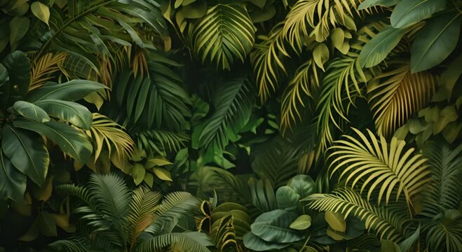 A lush green jungle with many leaves and plants. The image has a serene and peaceful mood, as it is a representation of nature and the beauty of the outdoors