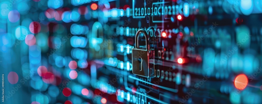 Poster closeup of a digital padlock icon on a circuit board symbolizing cybersecurity, encryption, and prot