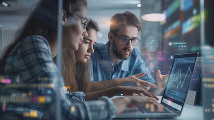 Collaboration of two creative young female and male engineers as they use a laptop computer to analyze and discuss the development of artificial intelligence software.