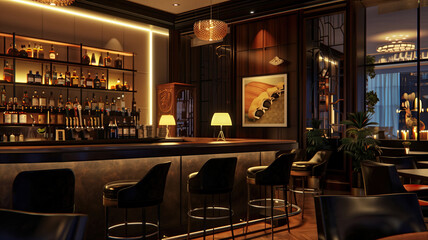 Interior of a cozy modern restaurant with a stylish bar counter and warm lamp lighting.