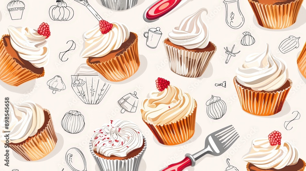 Poster a seamless pattern featuring colorful cupcakes adorned with white icing, some with raspberry topping