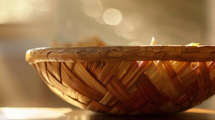 Obraz premium Intricate Patterns in Close-Up: Beautiful Wicker Basket Design with Detailed Weaving