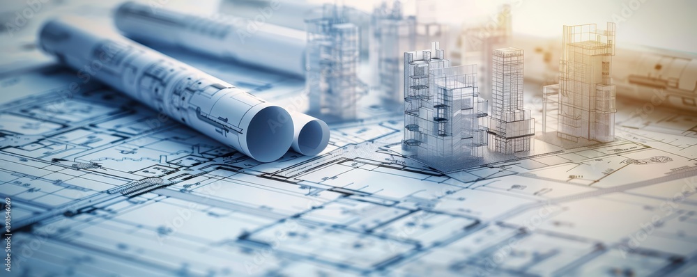 Poster detailed architectural blueprints with rolled-up plans and building models on a desk, showcasing des