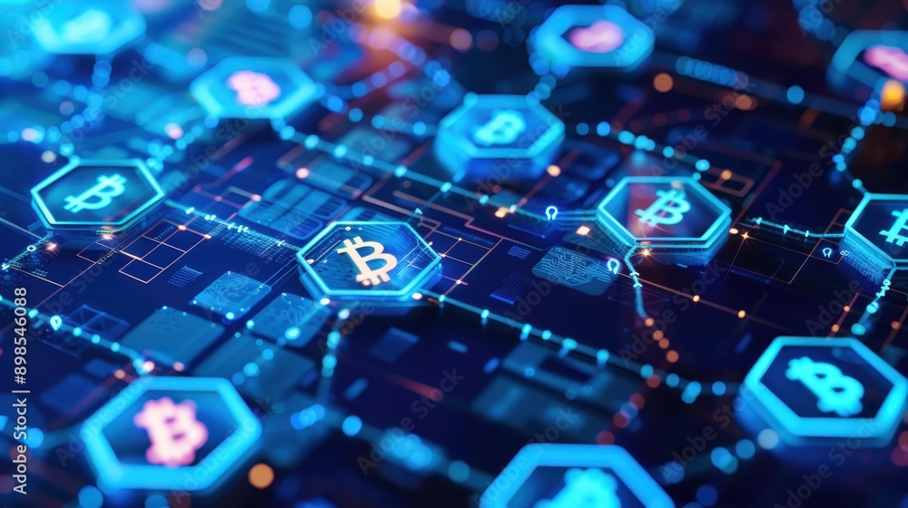 Poster digital cryptocurrency network with bitcoin symbols glowing on a futuristic circuit board, represent